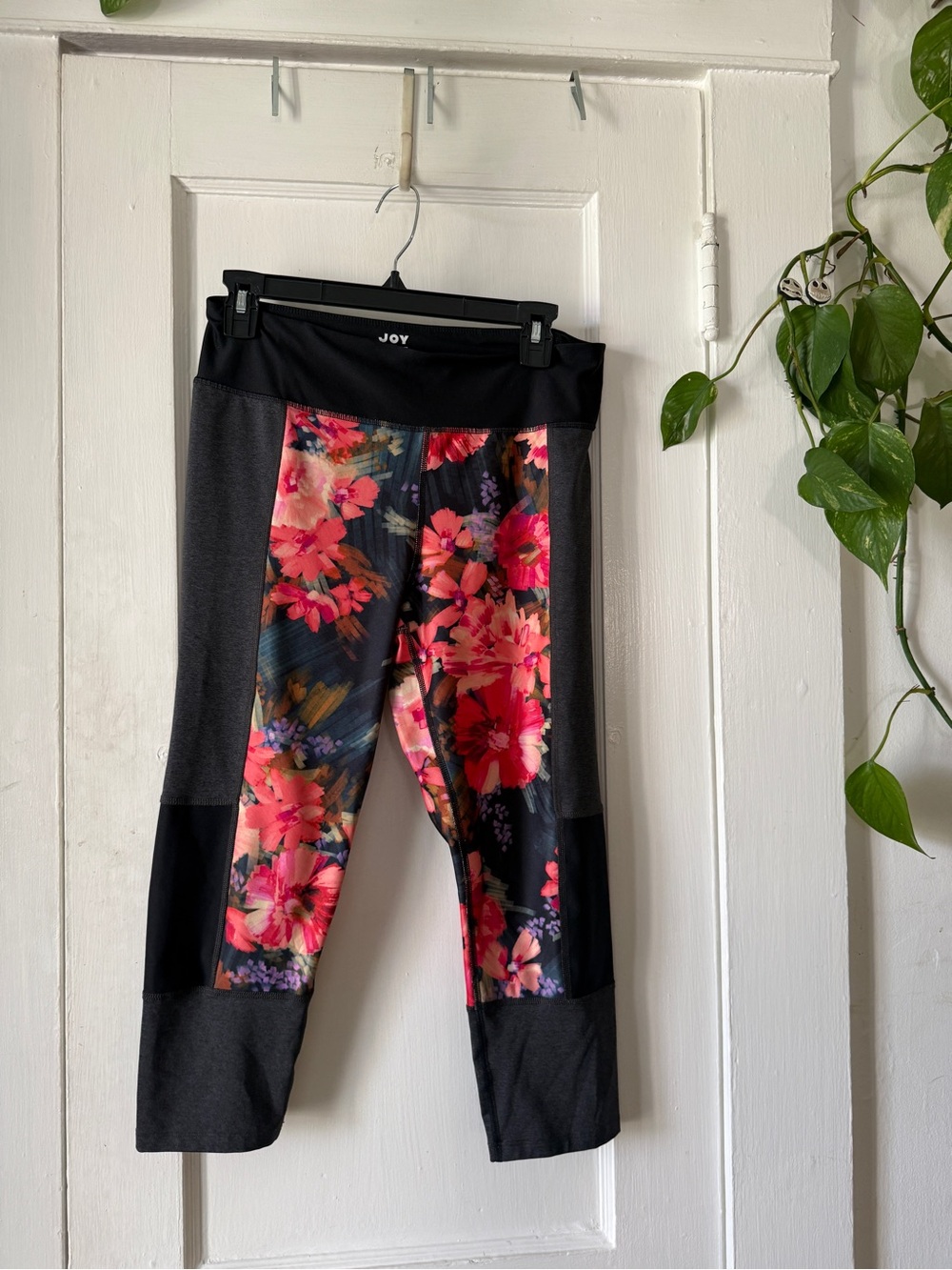 JoyLab Black Leggings with Pink Floral Panels size L
